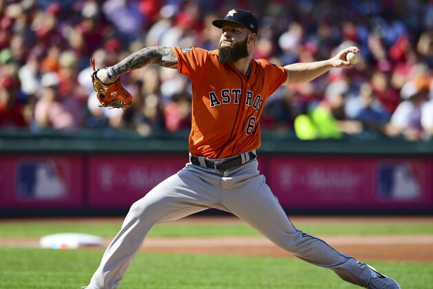 Houston Astros starting pitcher Dallas Keuchel delivers in the first inning during Game 3 of a baseball American League Division Series against the Cleveland Indians, Monday, Oct. 8, 2018, in Cleveland. (AP Photo/David Dermer)