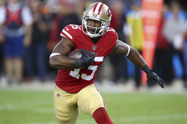 San Francisco 49ers wide receiver Pierre Garcon (15) runs against the Oakland Raiders during the first half of an NFL football game in Santa Clara, Calif., Thursday, Nov. 1, 2018. (AP Photo/Ben Margot)