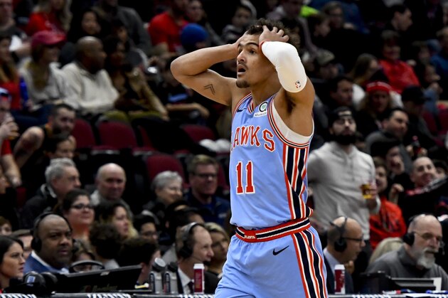 Atlanta Hawks guard Trae Young (11) reacts after being called on his second technical foul against the Chicago Bulls during the second half of an NBA basketball game Sunday, March 3, 2019, in Chicago. (AP Photo/Matt Marton)