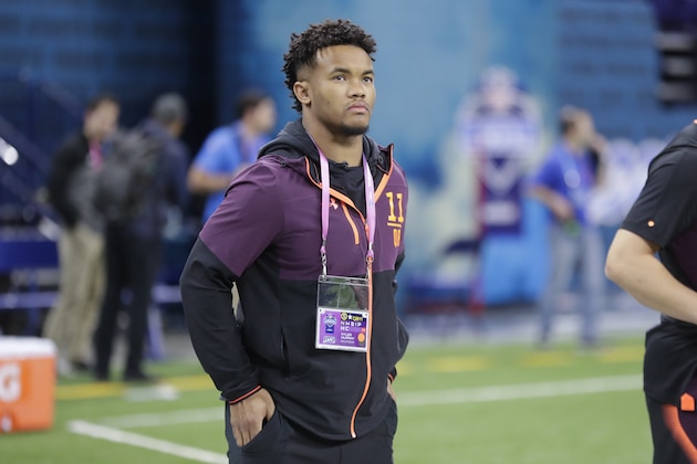Oklahoma quarterback Kyler Murray runs a drill at the NFL football scouting combine in Indianapolis, Saturday, March 2, 2019. (AP Photo/Michael Conroy)