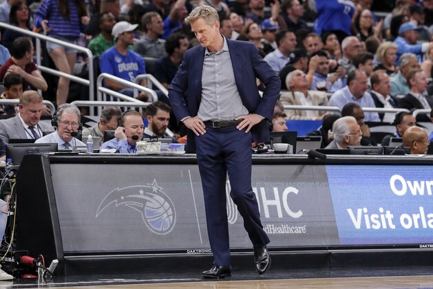 ORLANDO, FL - FEBRUARY 28: Head Coach Steve Kerr of the Golden State Warriors during the game against the Orlando Magic at the Amway Center on February 28, 2019 in Orlando, Florida. The Magic defeated the Warriors 103 to 96. NOTE TO USER: User expressly acknowledges and agrees that, by downloading and or using this photograph, User is consenting to the terms and conditions of the Getty Images License Agreement. (Photo by Don Juan Moore/Getty Images)