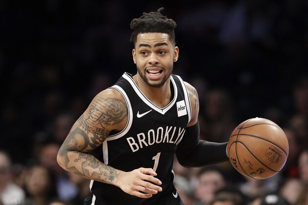 Brooklyn Nets guard D'Angelo Russell (1) drives down court during the second half of an NBA basketball game, Wednesday, Feb. 27, 2019, in New York. The Wizards defeated the Nets 125-116. (AP Photo/Kathy Willens)