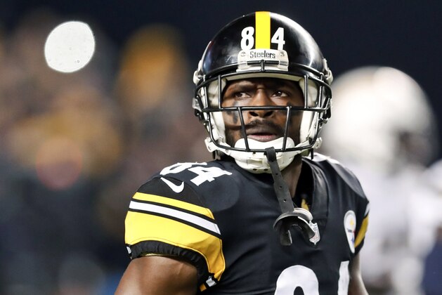 FILE - In this Dec. 2, 2018, file photo, Pittsburgh Steelers wide receiver Antonio Brown (84) plays against the Los Angeles Chargers in an NFL football game in Pittsburgh. If the Steelers trade the star receiver they’d prefer to send him to a team they don’t play often. But general manager Kevin Colbert said, Wednesday, Feb. 27, 2019, that calculation could change depending on the offer. (AP Photo/Don Wright, File)