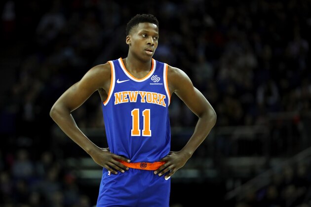 LONDON, ENGLAND - JANUARY 17:  Frank Ntilikina of The New York Knicks looks on during the NBA London game 2019 between Washington Wizards and New York Knicks at The O2 Arena on January 17, 2019 in London, England.  (Photo by Naomi Baker/Getty Images)