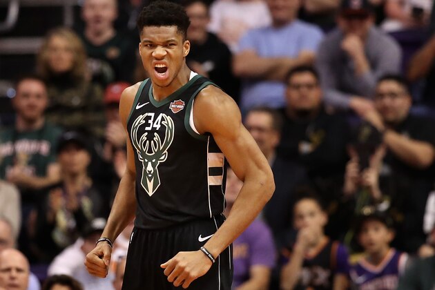 PHOENIX, ARIZONA - MARCH 04:  Giannis Antetokounmpo #34 of the Milwaukee Bucks reacts after a slam dunk against the Phoenix Suns during the first half of the NBA game at Talking Stick Resort Arena on March 04, 2019 in Phoenix, Arizona. The Suns defeated the Bucks 114-105. (Photo by Christian Petersen/Getty Images)
