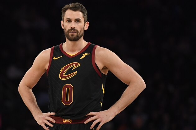 NEW YORK, NEW YORK - FEBRUARY 28: Kevin Love #0 of the Cleveland Cavaliers looks on during the second half of the game against the New York Knicks at Madison Square Garden on February 28, 2019 in New York City. NOTE TO USER: User expressly acknowledges and agrees that, by downloading and or using this photograph, User is consenting to the terms and conditions of the Getty Images License Agreement. (Photo by Sarah Stier/Getty Images)