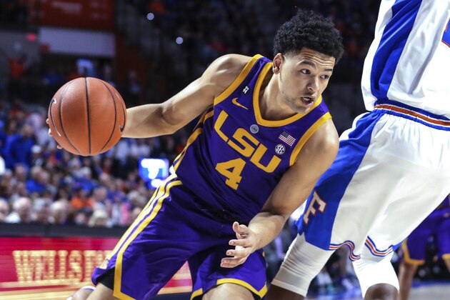 LSU guard Skylar Mays (4) drives to the basket during the first half of the team's NCAA college basketball game against Florida in Gainesville, Fla., Wednesday, March 6, 2019. (AP Photo/Gary McCullough)