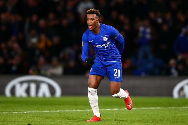LONDON, ENGLAND - MARCH 07:  Callum Hudson-Odoi of Chelsea celebrates scoring his side's third goal during the UEFA Europa League Round of 16 First Leg match between Chelsea and Dynamo Kyiv at Stamford Bridge on March 7, 2019 in London, England. (Photo by Craig Mercer/MB Media/Getty Images)