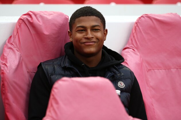 LIVERPOOL, ENGLAND - AUGUST 17: Rhian Brewster of Liverpool looks on from the dugout during the Premier League 2 match between Liverpool at Tottenham Hotspur at Anfield on August 17, 2018 in Liverpool, England. (Photo by Jan Kruger/Getty Images)