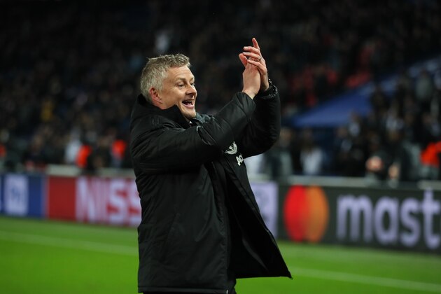 PARIS, FRANCE - MARCH 06:  Manchester United Head Coach / Manager Ole Gunnar Solskjaer celebrates at the end of the UEFA Champions League Round of 16 Second Leg match between Paris Saint-Germain and Manchester United at Parc des Princes on March 6, 2019 in Paris, France. (Photo by Matthew Ashton - AMA/Getty Images)