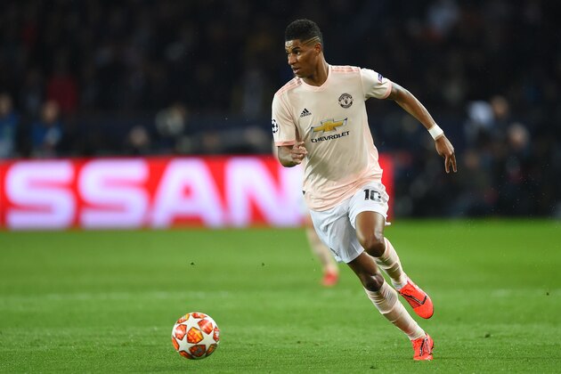 PARIS, FRANCE - MARCH 06: Marcus Rashford of Manchester United runs with the ball during the UEFA Champions League Round of 16 Second Leg match between Paris Saint-Germain and Manchester United at Parc des Princes on March 06, 2019 in Paris, . (Photo by Harriet Lander/Copa/Getty Images)