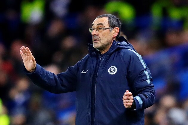 LONDON, ENGLAND - MARCH 07: Chelsea manager Maurizio Sarri looks on during the UEFA Europa League Round of 16 First Leg match between Chelsea and Dynamo Kyiv at Stamford Bridge on March 07, 2019 in London, England. (Photo by Chris Brunskill/Fantasista/Getty Images)