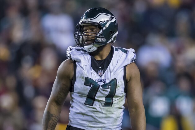 LANDOVER, MD - DECEMBER 30: Michael Bennett #77 of the Philadelphia Eagles looks on against the Washington Redskins during the second half at FedExField on December 30, 2018 in Landover, Maryland. (Photo by Scott Taetsch/Getty Images)