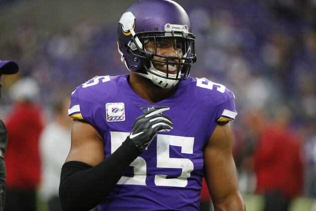Minnesota Vikings linebacker Anthony Barr walks on the field before an NFL football game against the Arizona Cardinals, Sunday, Oct. 14, 2018, in Minneapolis. (AP Photo/Bruce Kluckhohn)