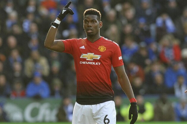 Manchester United's Paul Pogba during the English Premier League soccer match between Leicester City and Manchester United at the King Power Stadium in Leicester, England, Sunday, Feb 3, 2019. (AP Photo/Rui Vieira)