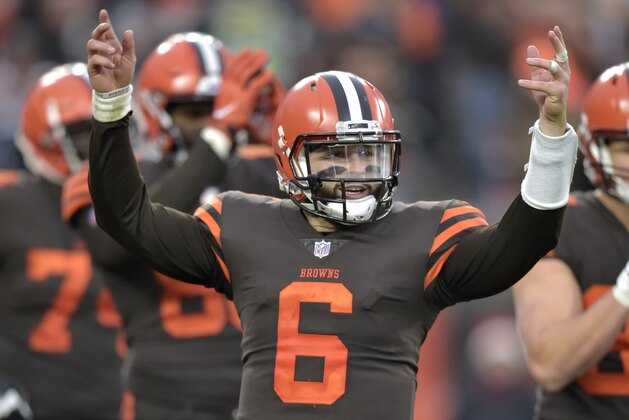 Cleveland Browns quarterback Baker Mayfield (6) celebrates after the Browns defeated the Cincinnati Bengals 26-18 in an NFL football game, Sunday, Dec. 23, 2018, in Cleveland. (AP Photo/David Richard)