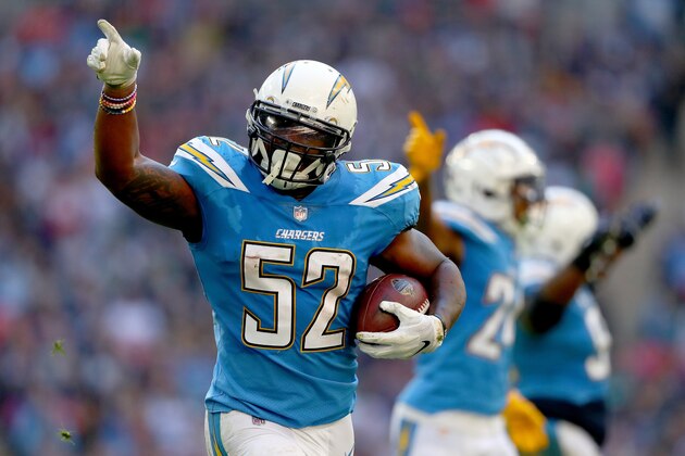 LONDON, ENGLAND - OCTOBER 21:  Denzel Perryman of Los Angeles Chargers celebrates his interception during the NFL International Series match between Tennessee Titans and Los Angeles Chargers at Wembley Stadium on October 21, 2018 in London, England.  (Photo by Clive Rose/Getty Images)