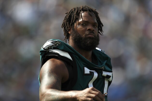 Philadelphia Eagles defensive end Michael Bennett (77) waits on the sidelines against the Tennessee Titans during an NFL football game Sunday, Sept. 30, 2018, in Nashville, Tenn. (Jeff Haynes/AP Images for Panini)