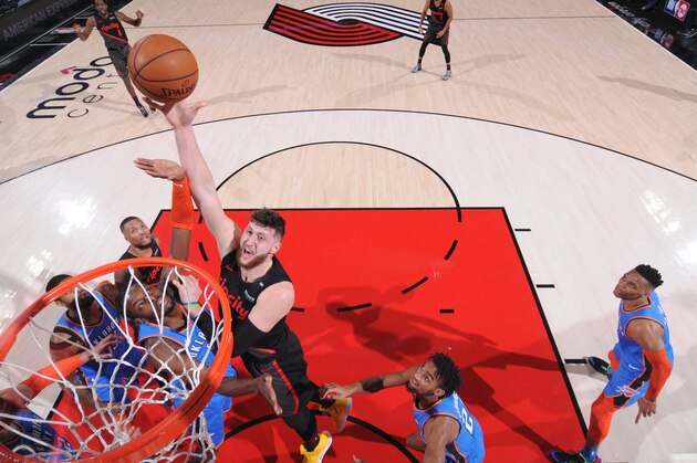 PORTLAND, OR - MARCH 7: Jusuf Nurkic #27 of the Portland Trail Blazers shoots the ball against the Oklahoma City Thunder on March 7, 2019 at the Moda Center Arena in Portland, Oregon. NOTE TO USER: User expressly acknowledges and agrees that, by downloading and or using this photograph, user is consenting to the terms and conditions of the Getty Images License Agreement. Mandatory Copyright Notice: Copyright 2019 NBAE (Photo by Sam Forencich/NBAE via Getty Images)