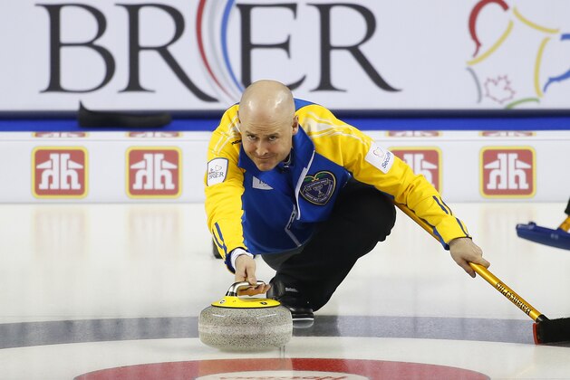 CALGARY, AB - MARCH 1: Alberta skip Kevin Koe delivers his shot in his game against Northern Ontario during the Tim Horton's Brier at the Scotiabank Saddledome on March 1, 2015 in Calgary, Alberta, Canada. (Photo by Todd Korol/Getty Images)