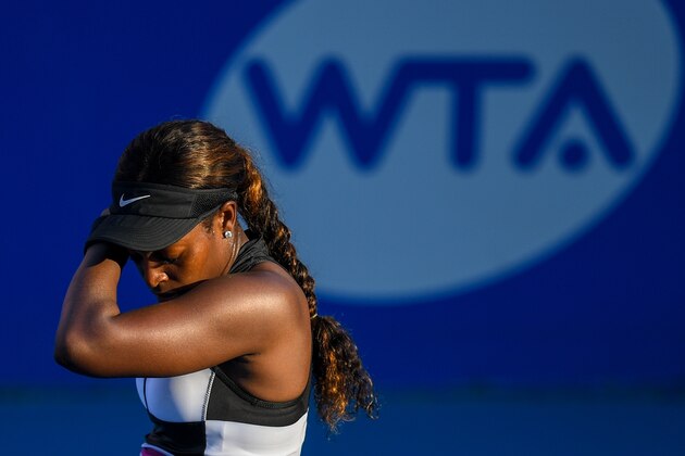 US tennis player Sloane Stephens gestures during a WTA Mexico Open singles match against Brazilian tennis player Beatriz Haddad Maia (out of frame) in Acapulco, Guerrero State, Mexico, on February 27, 2019. (Photo by PEDRO PARDO / AFP)        (Photo credit should read PEDRO PARDO/AFP/Getty Images)