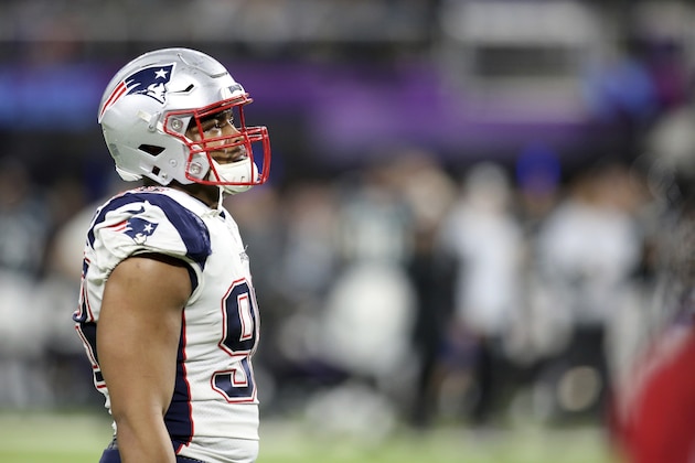 New England Patriots defensive lineman Trey Flowers #98 is seen against the Philadelphia Eagles at Super Bowl 52 on Sunday, February 4, 2018 in Minneapolis. Philadelphia won the game 41-33.(AP Photo/Gregory Payan)