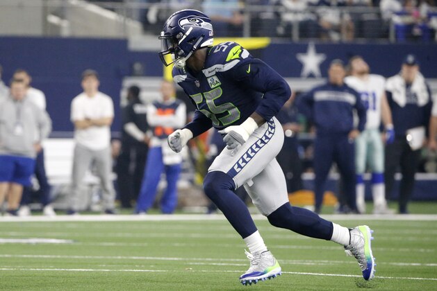 Seattle Seahawks defensive end Frank Clark (55) rushes against the Dallas Cowboys during the NFC wild-card NFL football game in Arlington, Texas, Saturday, Jan. 5, 2019.(AP Photo/Michael Ainsworth)