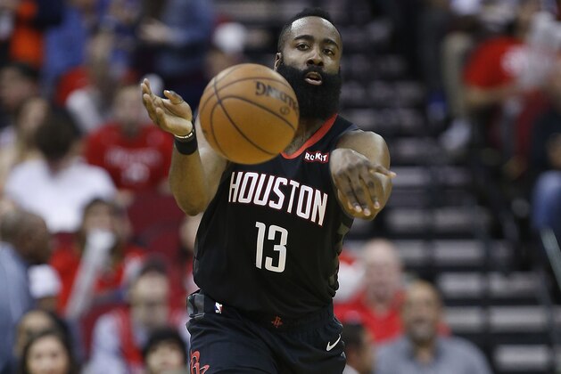 HOUSTON, TEXAS - MARCH 08: James Harden #13 of the Houston Rockets passes the ball down court against the Philadelphia 76ers at Toyota Center on March 08, 2019 in Houston, Texas. NOTE TO USER: User expressly acknowledges and agrees that, by downloading and or using this photograph, User is consenting to the terms and conditions of the Getty Images License Agreement. (Photo by Bob Levey/Getty Images)