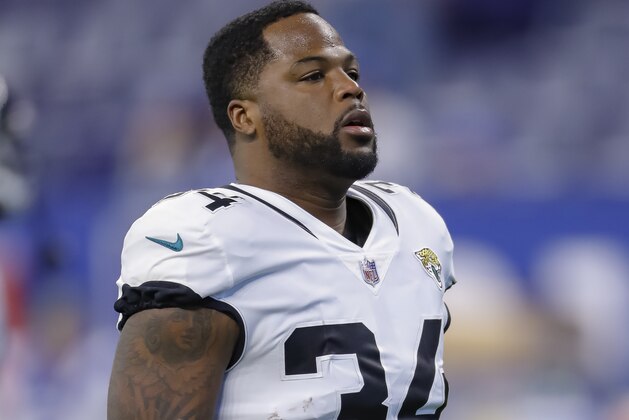 INDIANAPOLIS, IN - NOVEMBER 11: Carlos Hyde #34 of the Jacksonville Jaguars is seen before the game against the Indianapolis Colts at Lucas Oil Stadium on November 11, 2018 in Indianapolis, Indiana. (Photo by Michael Hickey/Getty Images)