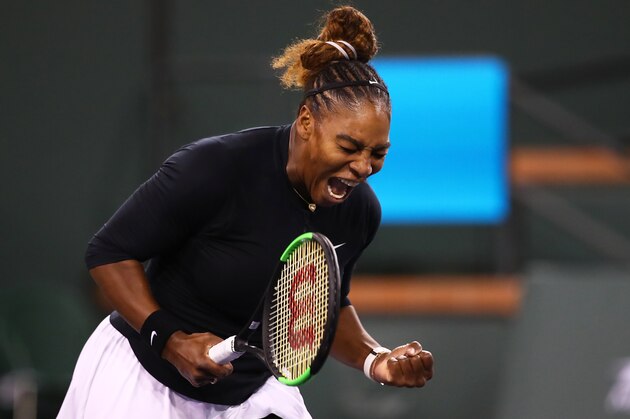 INDIAN WELLS, CALIFORNIA - MARCH 08: Serena Williams of the United States celebrates winning the first set against Victoria Azarenka of Belarus during their women's singles second round match on day five of the BNP Paribas Open at the Indian Wells Tennis Garden on March 08, 2019 in Indian Wells, California. (Photo by Clive Brunskill/Getty Images)