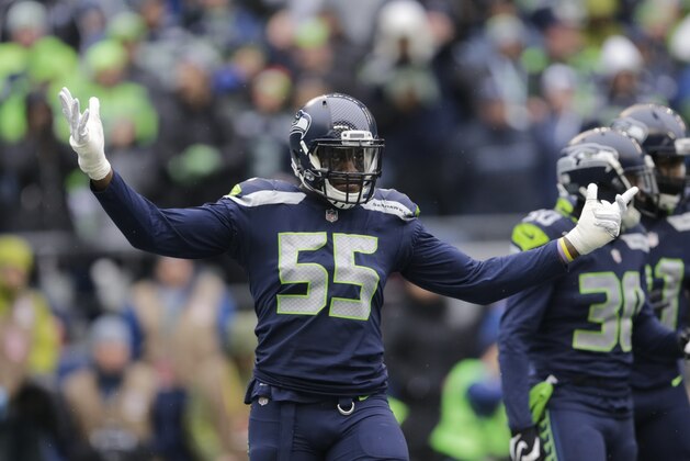 Seattle Seahawks defensive end Frank Clark reacts to a play against the Washington Redskins in the first half of an NFL football game, Sunday, Nov. 5, 2017, in Seattle. (AP Photo/Stephen Brashear)