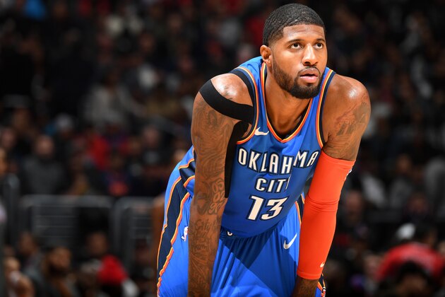 LOS ANGELES, CA - MARCH 8: Paul George #13 of the Oklahoma City Thunder looks on during the game against the LA Clippers on March 8, 2019 at STAPLES Center in Los Angeles, California. NOTE TO USER: User expressly acknowledges and agrees that, by downloading and/or using this photograph, user is consenting to the terms and conditions of the Getty Images License Agreement. Mandatory Copyright Notice: Copyright 2019 NBAE (Photo by Andrew D. Bernstein/NBAE via Getty Images)