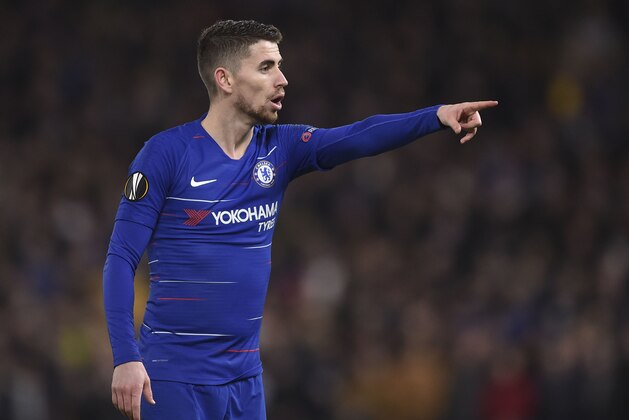 LONDON, ENGLAND - MARCH 07: Jorginho of Chelsea gestures during the UEFA Europa League Round of 16 First Leg match between Chelsea and Dynamo Kyiv at Stamford Bridge on March 07, 2019 in London, England. (Photo by TF-Images/Getty Images)