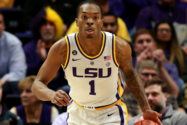BATON ROUGE , LOUISIANA - FEBRUARY 26:   Ja'vonte Smart #1 of the LSU Tigers dribbles the ball down court during a game against the Texas A&M Aggies at Pete Maravich Assembly Center on February 26, 2019 in Baton Rouge, Louisiana. (Photo by Sean Gardner/Getty Images)