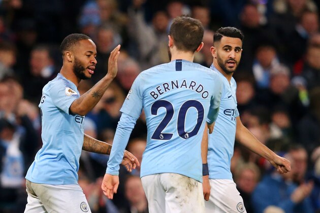 MANCHESTER, ENGLAND - MARCH 09: Raheem Sterling of Manchester City celebrates with teammates after scoring his team's second goal during the Premier League match between Manchester City and Watford FC at Etihad Stadium on March 09, 2019 in Manchester, United Kingdom. (Photo by Alex Livesey/Getty Images)
