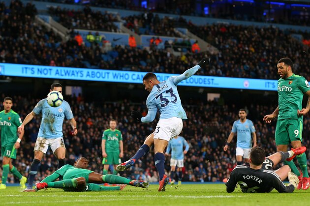 MANCHESTER, ENGLAND - MARCH 09: Christian Kabasele of Watford tackles Gabriel Jesus of Manchester City to deny a goal during the Premier League match between Manchester City and Watford FC at Etihad Stadium on March 09, 2019 in Manchester, United Kingdom. (Photo by Alex Livesey/Getty Images)