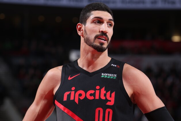 PORTLAND, OR - MARCH 7:  Enes Kanter #00 of the Portland Trail Blazers looks on during the game against the Oklahoma City Thunder on March 7, 2019 at the Moda Center Arena in Portland, Oregon. NOTE TO USER: User expressly acknowledges and agrees that, by downloading and or using this photograph, user is consenting to the terms and conditions of the Getty Images License Agreement. Mandatory Copyright Notice: Copyright 2019 NBAE (Photo by Sam Forencich/NBAE via Getty Images)