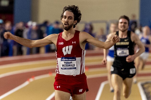 Wisconsin's Morgan McDonald wins the men's 5,000 meters during the NCAA Division I indoor track and field championships Friday, March 8, 2019, in Birmingham, Ala. (AP Photo/Vasha Hunt)