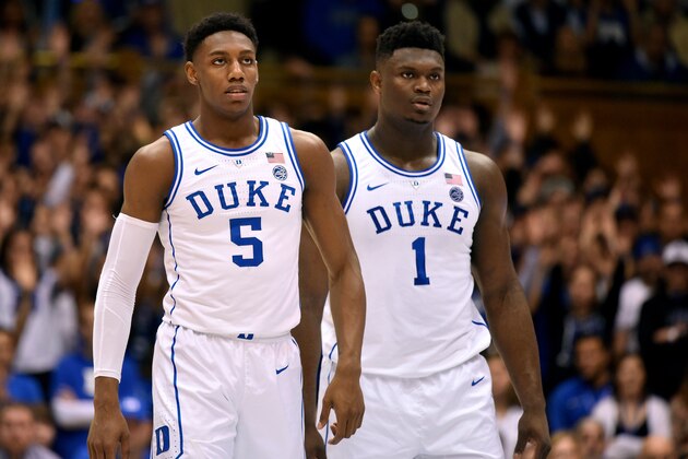 DURHAM, NC - FEBRUARY 02: RJ Barrett #5 and Zion Williamson #1 of the Duke Blue Devils look on in the first half against the St. John's Red Storm at Cameron Indoor Stadium on February 2, 2019 in Durham, North Carolina. (Photo by Lance King/Getty Images)
