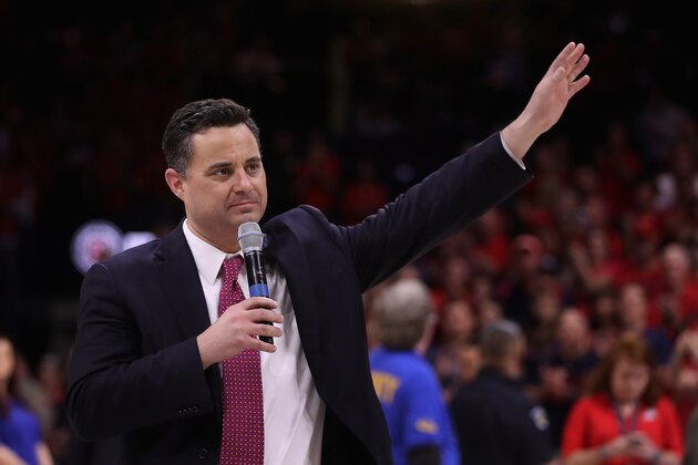 TUCSON, AZ - MARCH 03:  Head coach Sean Miller of the Arizona Wildcats speaks to the fans after defeating the California Golden Bears 66-54 to win the PAC-12 Championship at McKale Center on March 3, 2018 in Tucson, Arizona.  (Photo by Christian Petersen/Getty Images)