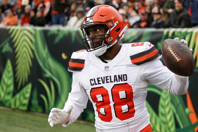 Cleveland Browns tight end Darren Fells catches a touchdown pass in the second half of an NFL football game against the Cincinnati Bengals, Sunday, Nov. 25, 2018, in Cincinnati. (AP Photo/Gary Landers)