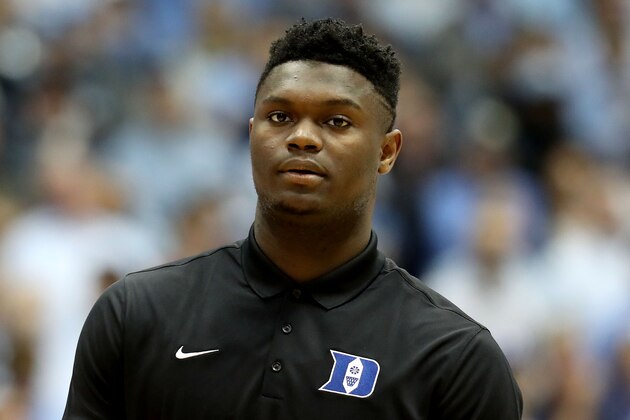 CHAPEL HILL, NORTH CAROLINA - MARCH 09: Zion Williamson #1 of the Duke Blue Devils watches on before their game against the North Carolina Tar Heels at Dean Smith Center on March 09, 2019 in Chapel Hill, North Carolina. (Photo by Streeter Lecka/Getty Images)