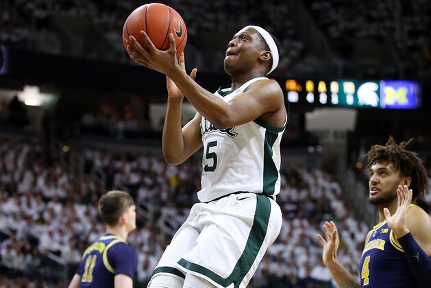 EAST LANSING, MI - MARCH 09:  Cassius Winston #5 of the Michigan State Spartans takes a shot against the Michigan Wolverines during the first half at Breslin Center on March 9, 2019 in East Lansing, Michigan. (Photo by Gregory Shamus/Getty Images)