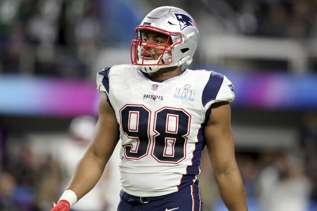 New England Patriots defensive lineman Trey Flowers #98 in action against the Philadelphia Eagles at Super Bowl 52 on Sunday, February 4, 2018 in Minneapolis. Philadelphia won the game 41-33.(AP Photo/Gregory Payan)