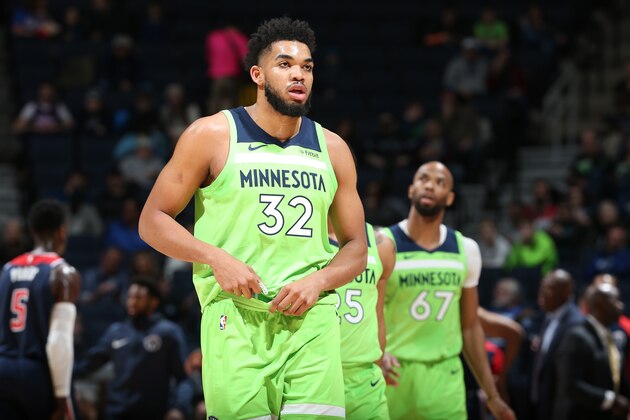 MINNEAPOLIS, MN -  MARCH 9: Karl-Anthony Towns #32 of the Minnesota Timberwolves looks on during the game against the Washington Wizards on March 9, 2019 at Target Center in Minneapolis, Minnesota. NOTE TO USER: User expressly acknowledges and agrees that, by downloading and or using this Photograph, user is consenting to the terms and conditions of the Getty Images License Agreement. Mandatory Copyright Notice: Copyright 2019 NBAE (Photo by David Sherman/NBAE via Getty Images)