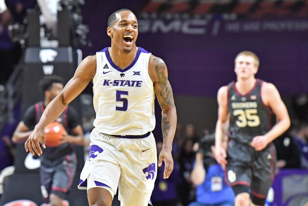 MANHATTAN, KS - MARCH 09:  Barry Brown Jr. #5 of the Kansas State Wildcats reacts after a basket during the first against the Oklahoma Sooners half on March 9, 2019 at Bramlage Coliseum in Manhattan, Kansas.  (Photo by Peter G. Aiken/Getty Images)