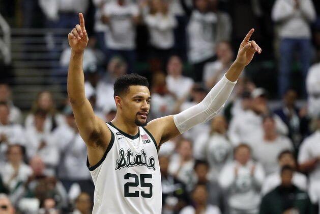 EAST LANSING, MI - MARCH 09:  Kenny Goins #25 of the Michigan State Spartans reacts after defeating the Michigan Wolverines 75-63 at Breslin Center on March 9, 2019 in East Lansing, Michigan. (Photo by Gregory Shamus/Getty Images)