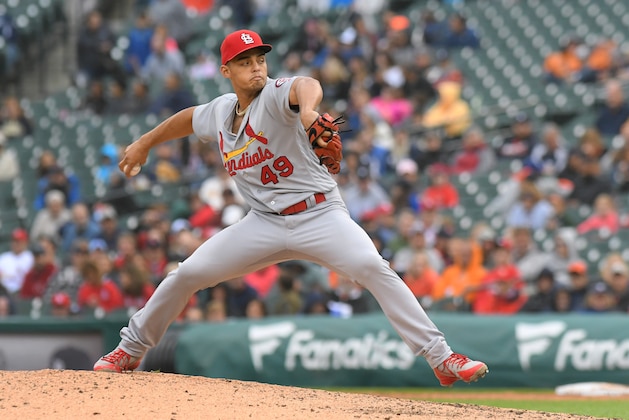 DETROIT, MI - SEPTEMBER 09:  Jordan Hicks #49 of the St. Louis Cardinals pitches during the game against the Detroit Tigers at Comerica Park on September 9, 2018 in Detroit, Michigan. The Cardinals defeated the Tigers 5-2.  (Photo by Mark Cunningham/MLB Photos via Getty Images)