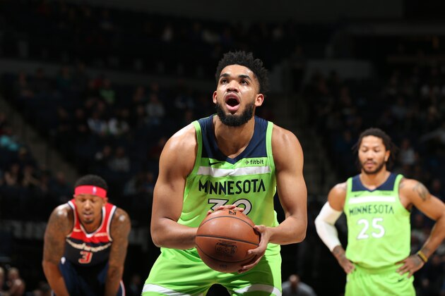 MINNEAPOLIS, MN -  MARCH 9: Karl-Anthony Towns #32 of the Minnesota Timberwolves shoots a free throw during the game against the Minnesota Timberwolves on March 9, 2019 at Target Center in Minneapolis, Minnesota. NOTE TO USER: User expressly acknowledges and agrees that, by downloading and or using this Photograph, user is consenting to the terms and conditions of the Getty Images License Agreement. Mandatory Copyright Notice: Copyright 2019 NBAE (Photo by David Sherman/NBAE via Getty Images)