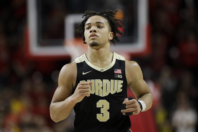 Purdue guard Carsen Edwards runs on the court during an NCAA college basketball game against Maryland, Tuesday, Feb. 12, 2019, in College Park, Md. (AP Photo/Patrick Semansky)